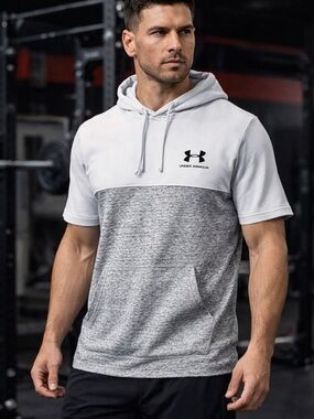 Under Armour Short Sleeve Hoodie M Heather Gray White Athletic Pullover Pocket